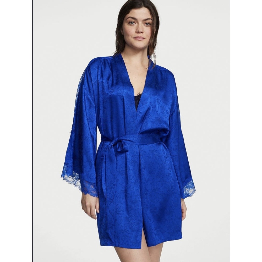 Victoria's Secret Lace Inset Jacquard Robe Royal Blue Size XS